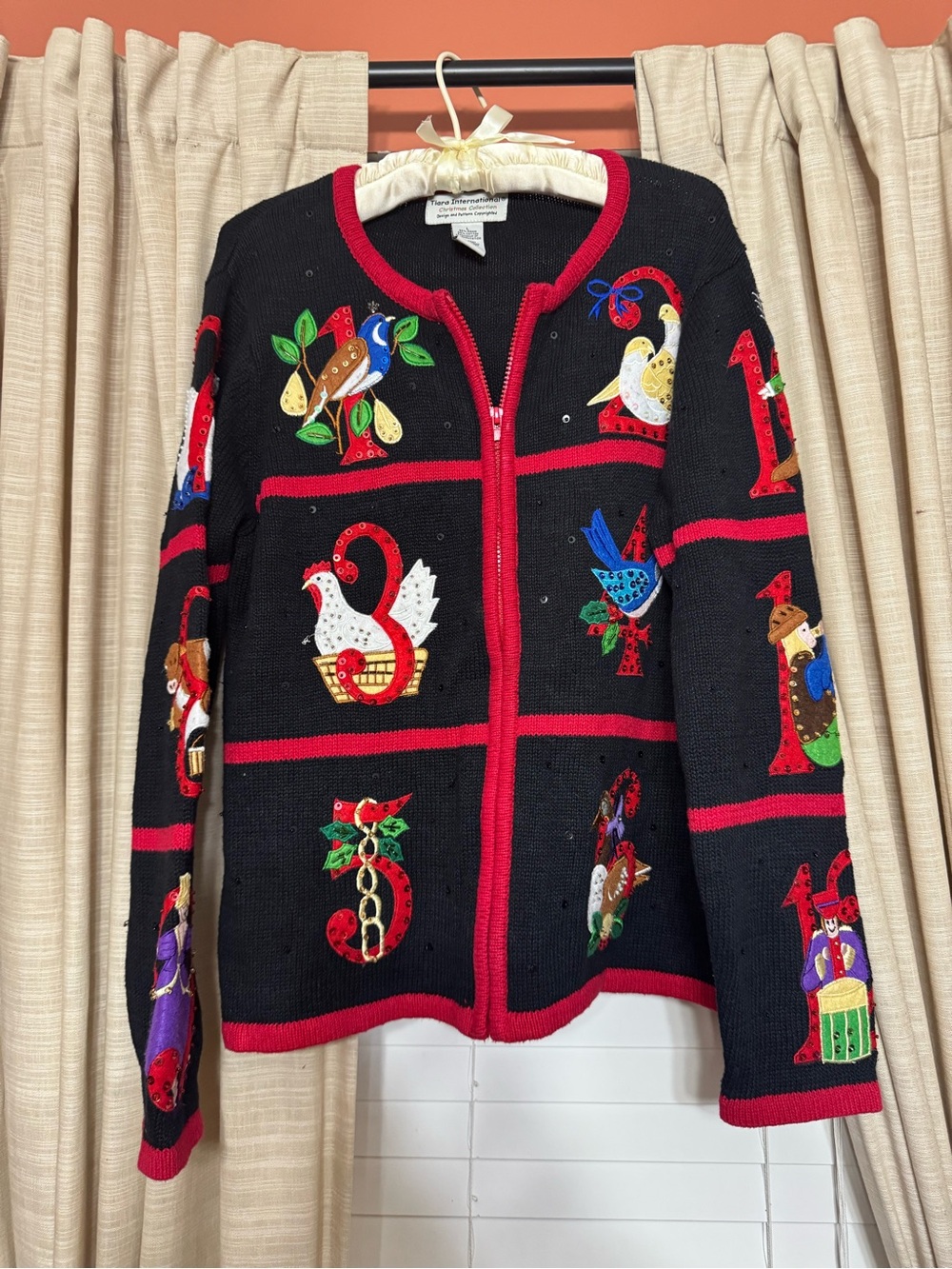 Festive Embroidered Black Cardigan with Red Trim